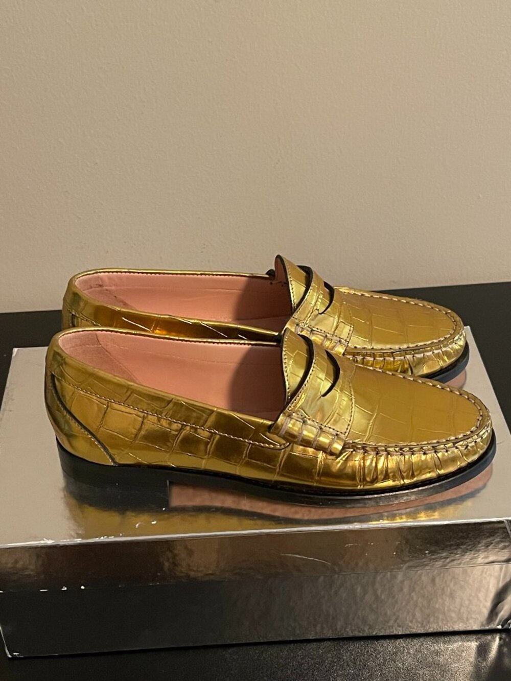 J. Crew Collection Winona penny loafers in croc-embossed metallic leather Sz 7